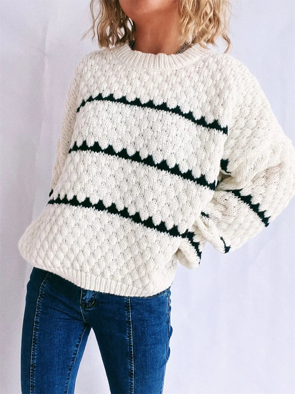 Maeve Women's Knitted Jumper - Contrast Stripe Crew-Neck