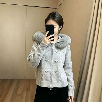 Maeve & Co Women's Faux Fur Hooded Cardigan - Zip-Up Knitted Cardigan Jacket