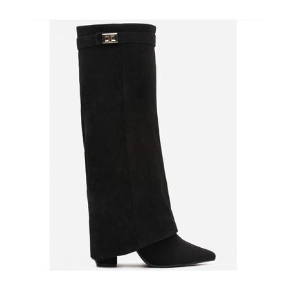 Maeve Women's Fold-Over Wedge Boots - Pointed Shark-Lock, Knee-High
