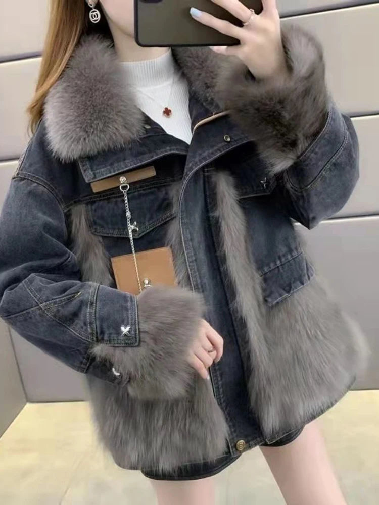 Maeve & Co Women's Faux Fur Jacket - Denim Patchwork Faux Fox Fur Coat, Loose Fit, Black