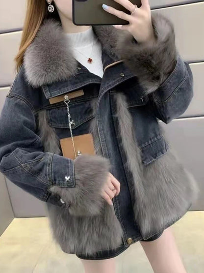 Maeve & Co Women's Faux Fur Jacket - Denim Patchwork Faux Fox Fur Coat, Loose Fit, Black