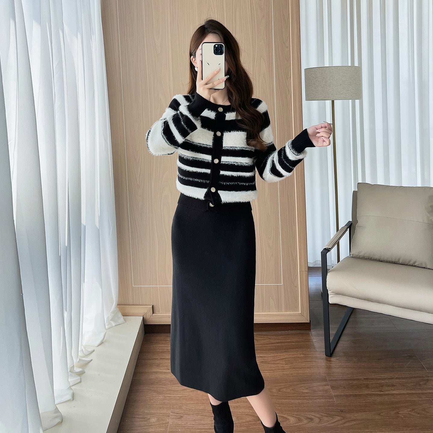 Maeve Women's Knitted Co-Ord Set - Striped Top & Midi Skirt