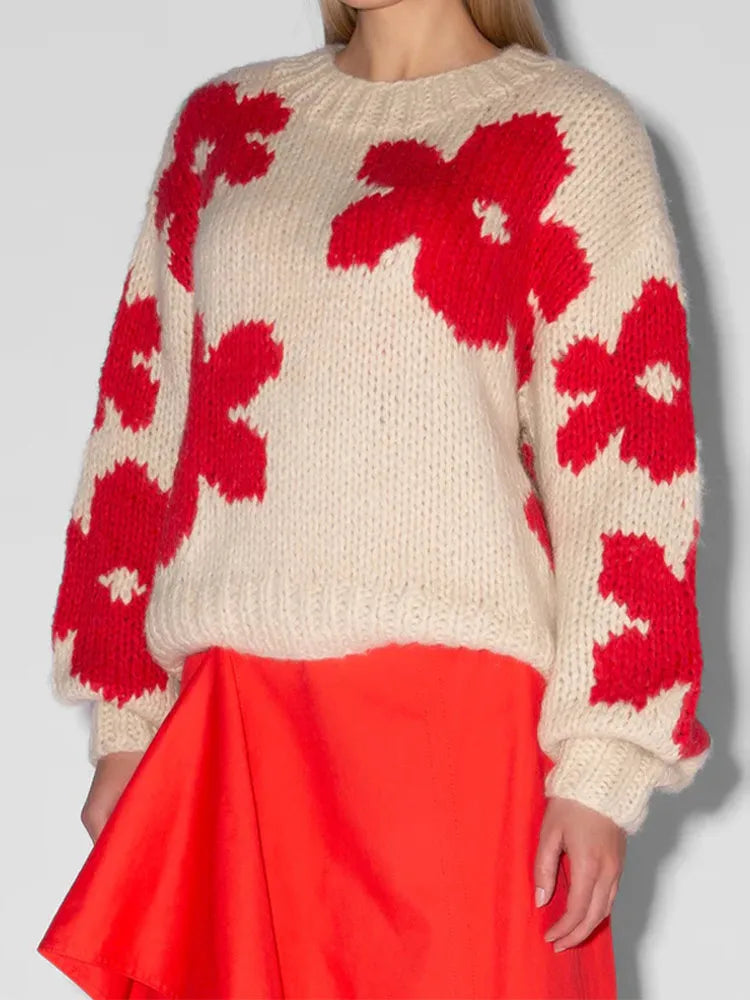 Maeve & Co Women's Floral Jumper - Crew Neck Ribbed Sleeve Chunky Knit Pullover, White & Red