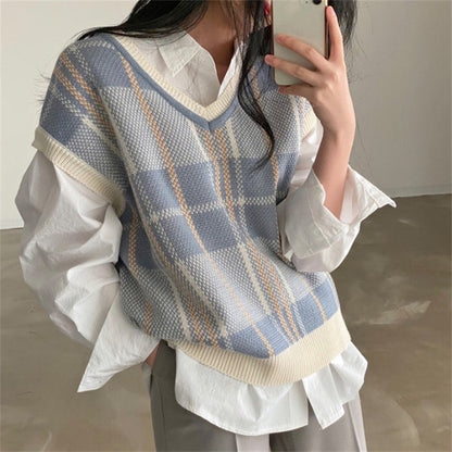 Maeve Women's Top - Check Knitted Long-Sleeve Relaxed-Fit Autumn-Weight