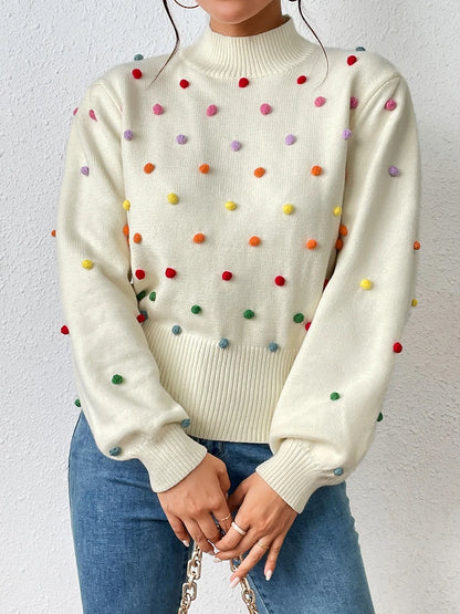 Maeve & Co Women's Pom-Pom Jumper - Multicolour Bobble Knit Pullover, Long Sleeve