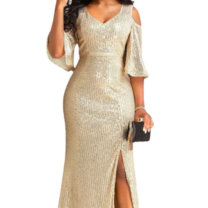 Maeve & Co Women's Gold Sequin Dress - One-Shoulder Maxi Party Evening Gown