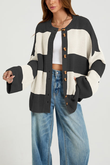 Maeve & Co Women's Striped Cardigan - Crew Neck Patchwork Knitted Cardigan, Colour Block