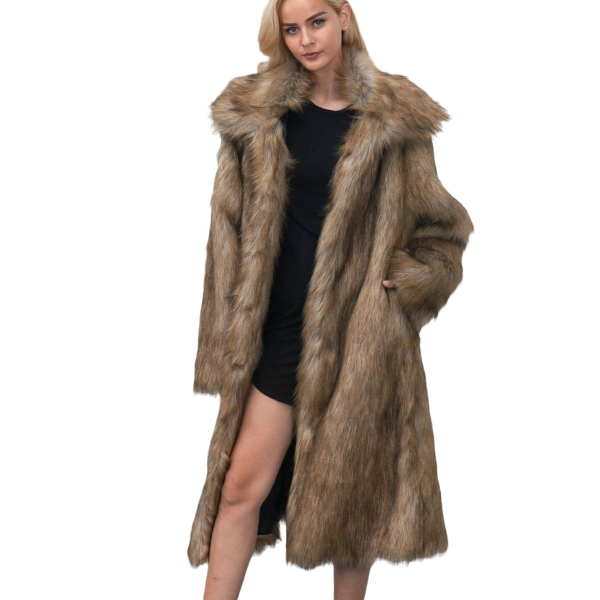Maeve & Co Women's Faux Fur Coat - Longline Lapel Collar Fur Coat, Long Sleeve