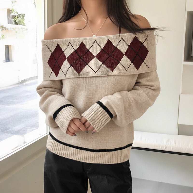 Maeve Women's One-Shoulder Jumper - Diamond Jacquard Loose Knit