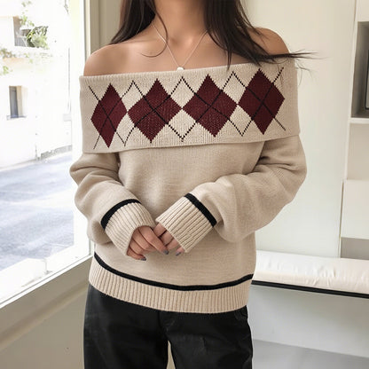 Maeve Women's One-Shoulder Jumper - Diamond Jacquard Loose Knit