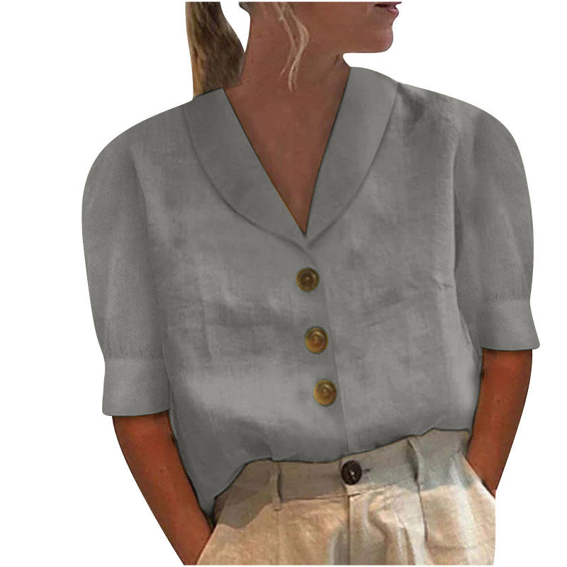 Women's Linen Blouse Cotton Linen, Lapel Collar, Button Front, Short Sleeve