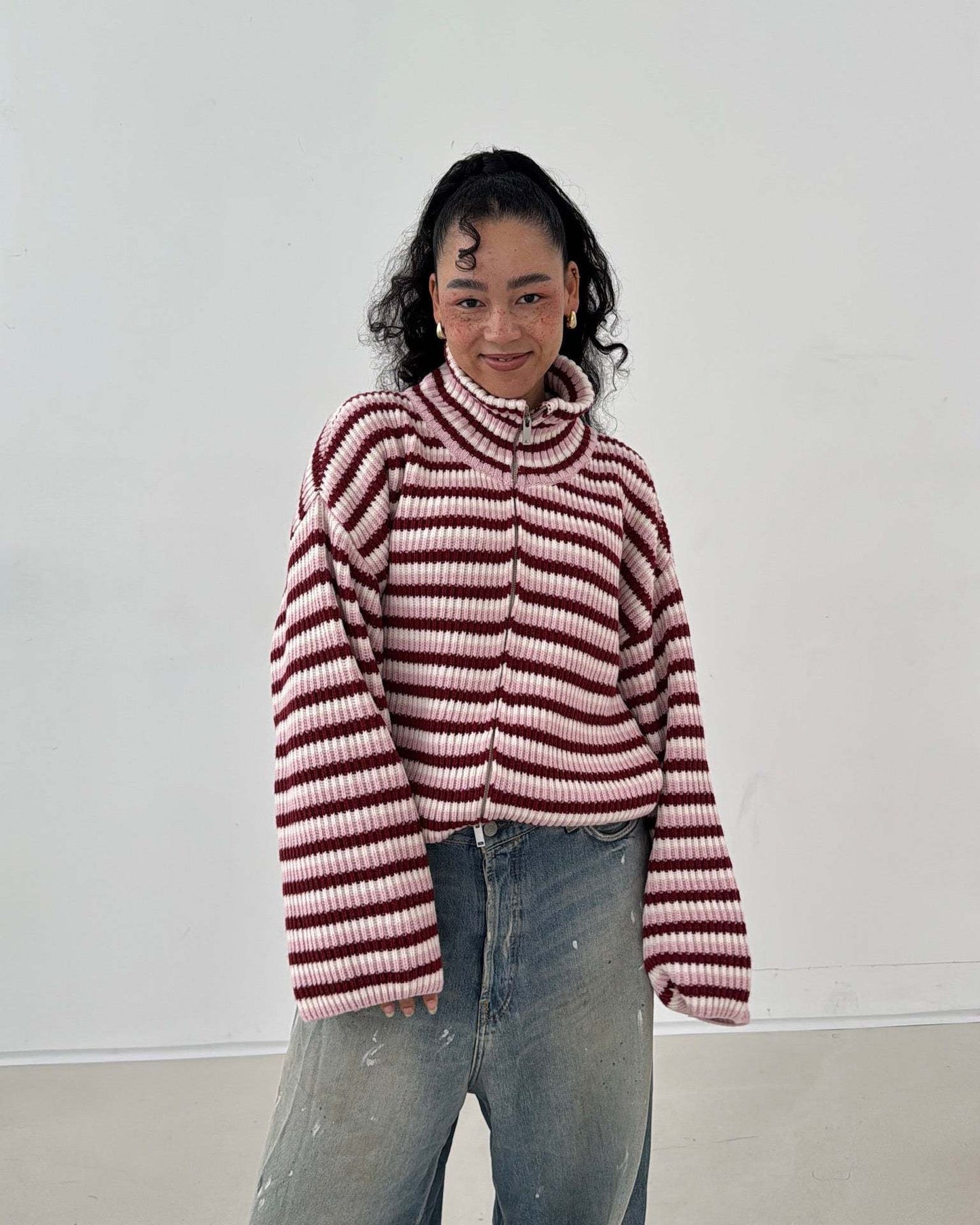 Maeve Women's Cardigan - Zip-Up Striped Wool-Blend Long-Sleeve
