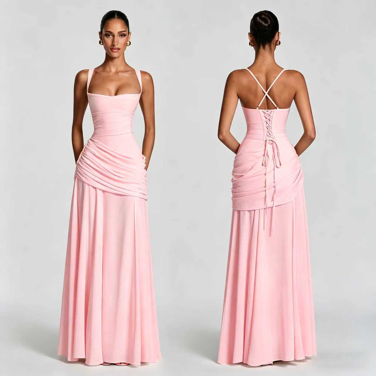 Women's Maxi Dress  Chiffon, Square Neck, Ruched Bodice, Lace-Up Back