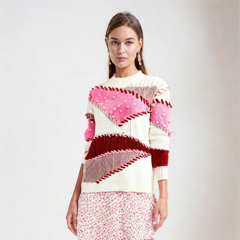 Maeve & Co Women's Colour Block Jumper - Crew Neck Knit Pullover, Long Sleeve, Beige