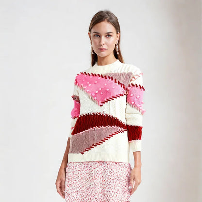 Maeve & Co Women's Colour Block Jumper - Crew Neck Knit Pullover, Long Sleeve, Beige