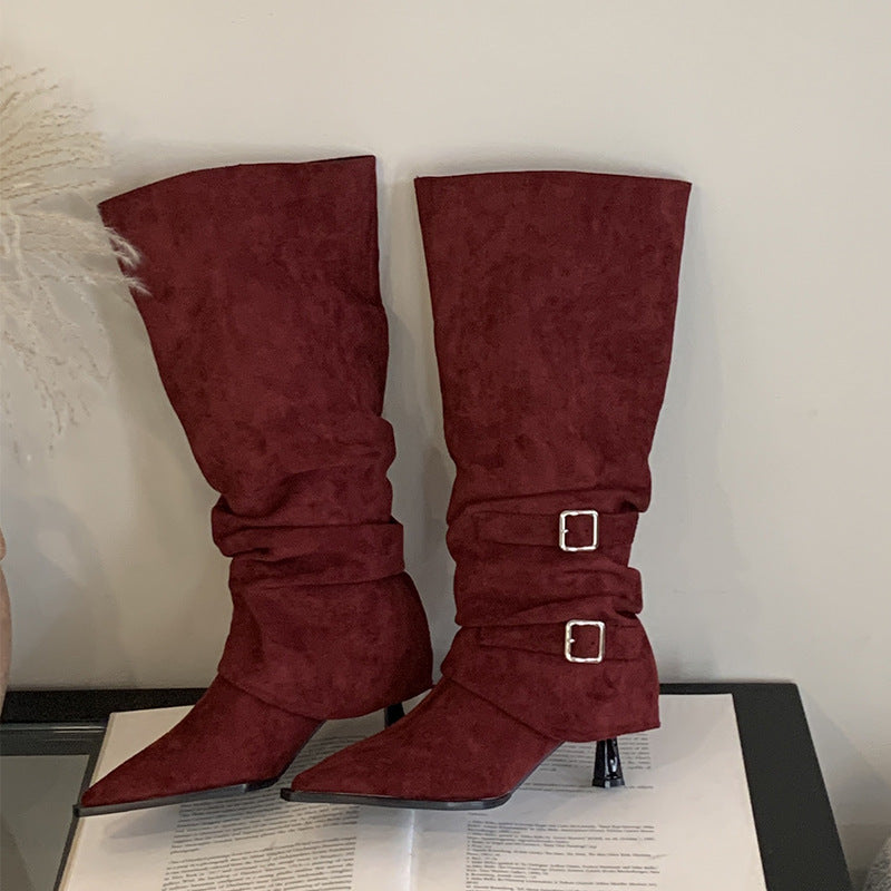 Maeve Women's Knee-High Slouch Boots - Suede-Effect Buckle, Pointed