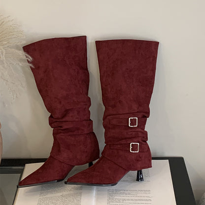 Maeve Women's Knee-High Slouch Boots - Suede-Effect Buckle, Pointed