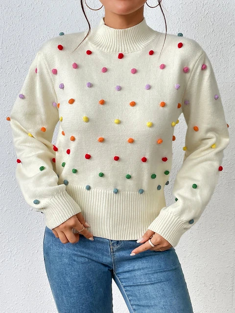 Maeve & Co Women's Pom-Pom Jumper - Multicolour Bobble Knit Pullover, Long Sleeve