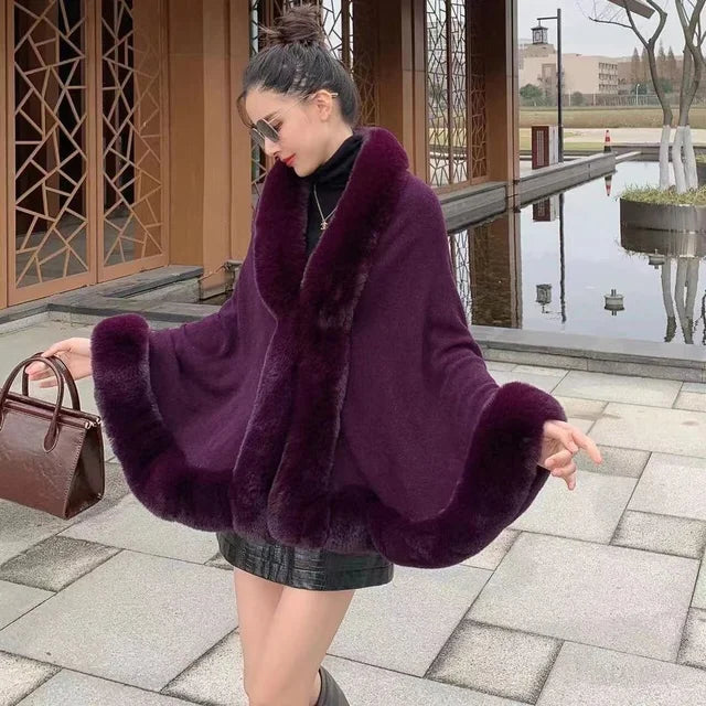 Maeve & Co Women's Faux Fur Trim Cape - Open-Front Poncho Coat