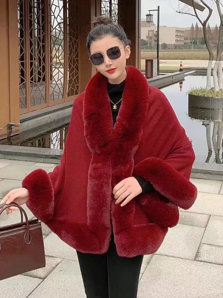 Maeve & Co Women's Faux Fur Trim Cape - Open-Front Poncho Coat