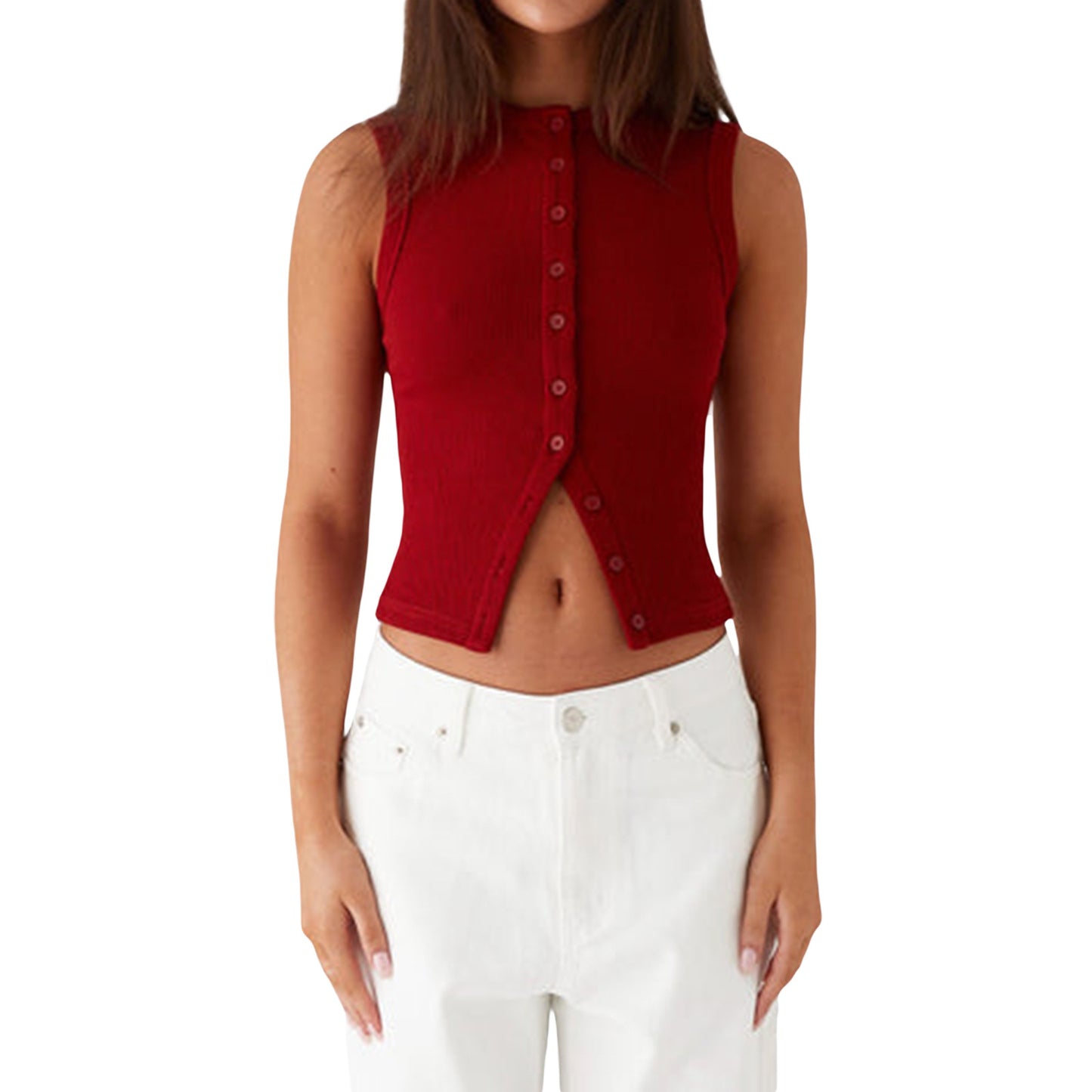 Women's Button Vest Top  Fitted, V Hem, Sleeveless, Going Out Top