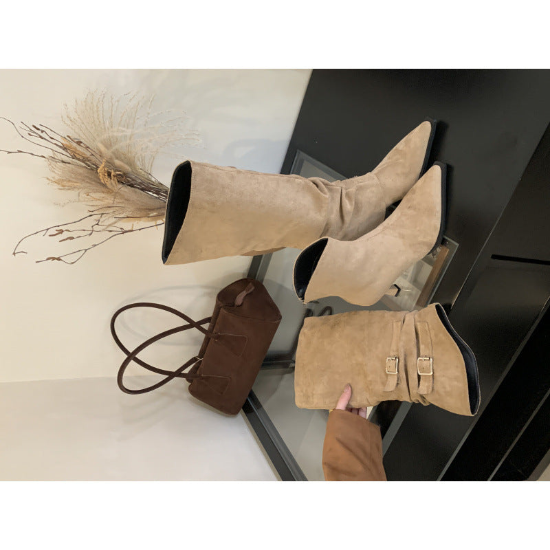 Maeve Women's Knee-High Slouch Boots - Suede-Effect Buckle, Pointed