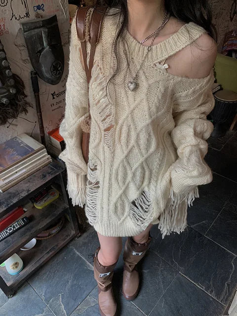 Maeve & Co Women's Open Knit Jumper - Distressed Tassel Oversized Pullover, Beige