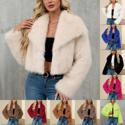 Maeve & Co Women's Faux Fur Jacket - Wide Collar Short Fur Coat with Pockets