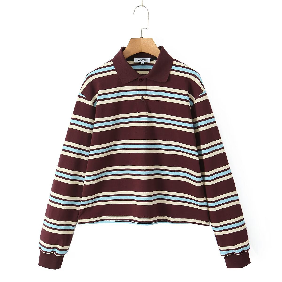 Maeve Women's Polo Collar Top - Two-Tone Striped Long-Sleeve