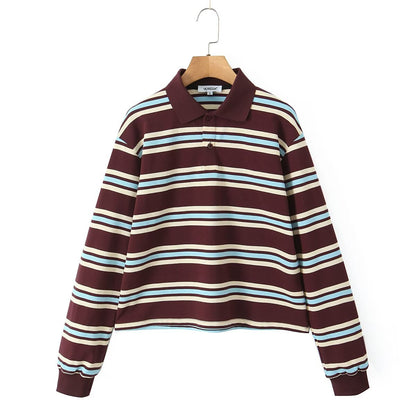 Maeve Women's Polo Collar Top - Two-Tone Striped Long-Sleeve