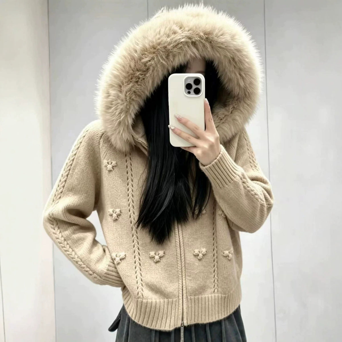 Maeve & Co Women's Faux Fur Hooded Cardigan - Zip-Up Knitted Cardigan Jacket