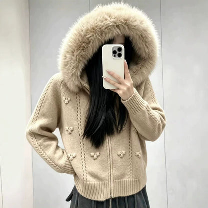 Maeve & Co Women's Faux Fur Hooded Cardigan - Zip-Up Knitted Cardigan Jacket