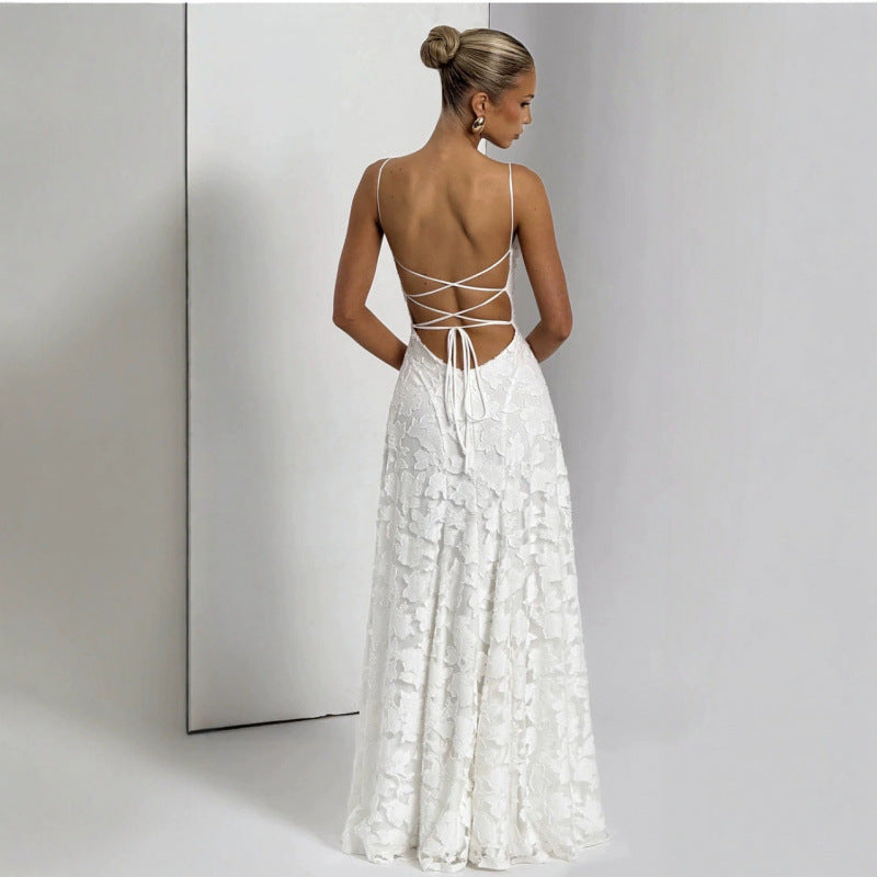 Women's Maxi Dress Lace, Backless, Strappy, Floor Length Evening