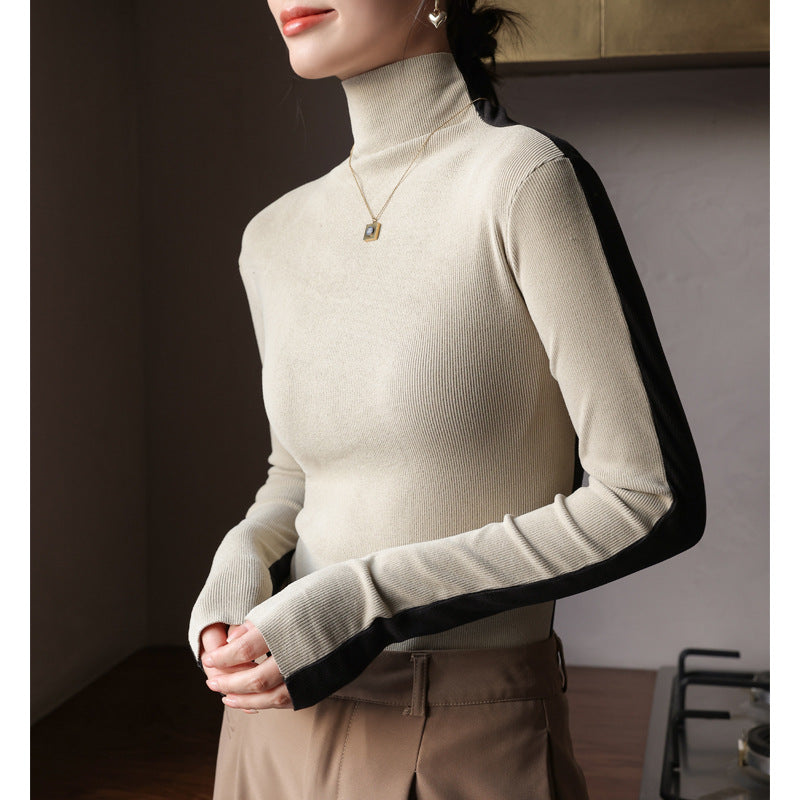 Maeve & Co Women's Half Neck Jumper - Slim Fit Knitted Pullover, Long Sleeve, Apricot & Black