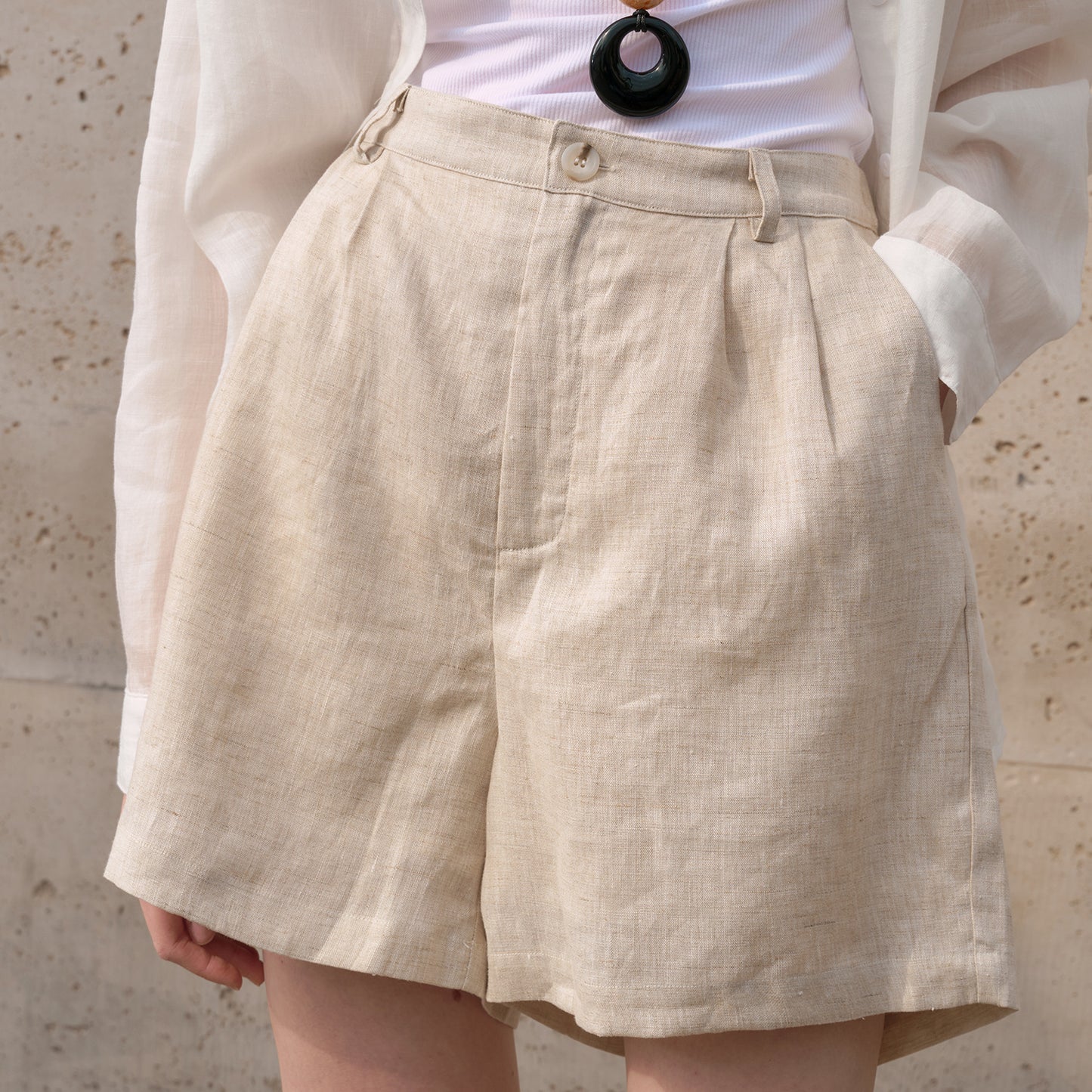 Women's Linen Shorts Pure Linen, High Waist, Wide Leg, Tailored