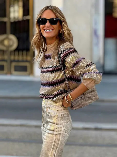 Maeve & Co Women's Striped Sequin Jumper - Cropped Crew Neck Knit Pullover, Long Sleeve, Brown