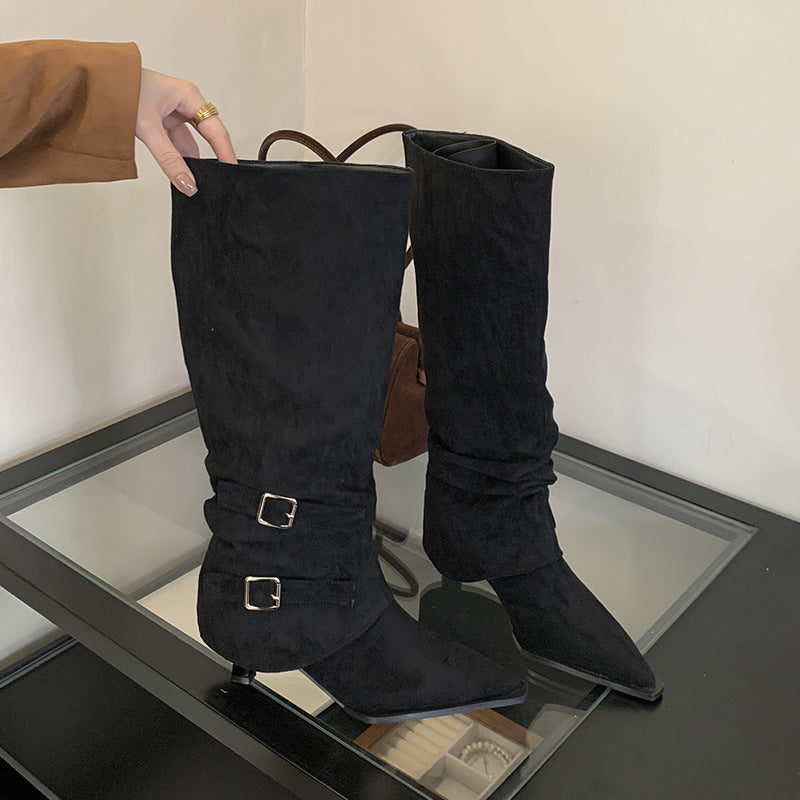 Maeve Women's Knee-High Slouch Boots - Suede-Effect Buckle, Pointed