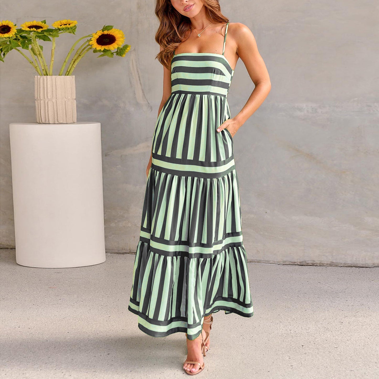 Women's Maxi Dress Backless, Tiered, Striped, Summer Sundress