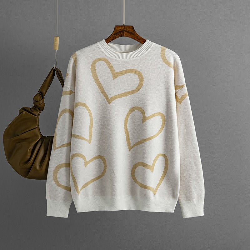 Maeve & Co Women's Heart Jumper - Crew Neck Loose Knit Pullover, Long Sleeve