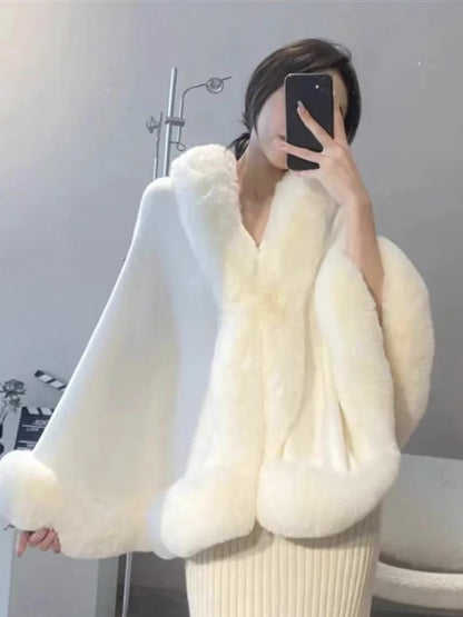 Maeve & Co Women's Faux Fur Trim Cape - Open-Front Poncho Coat