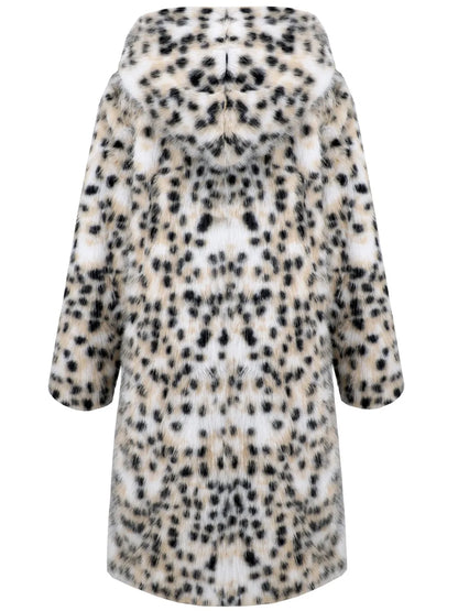 Maeve & Co Women's Faux Fur Jacket - Leopard Print Hooded Faux Fur Coat, White