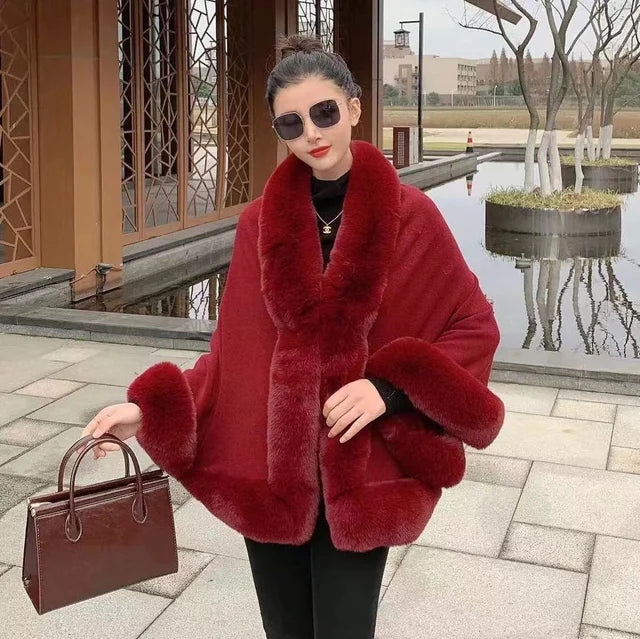 Maeve & Co Women's Faux Fur Trim Cape - Open-Front Poncho Coat