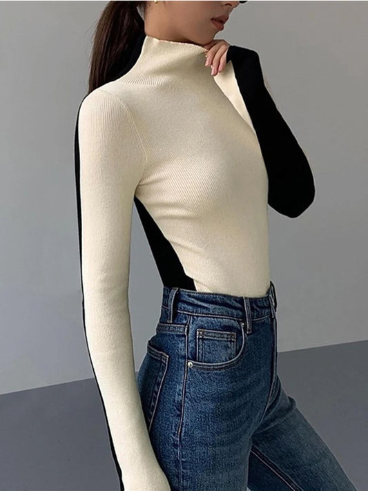 Maeve & Co Women's Half Neck Jumper - Slim Fit Knitted Pullover, Long Sleeve, Apricot & Black