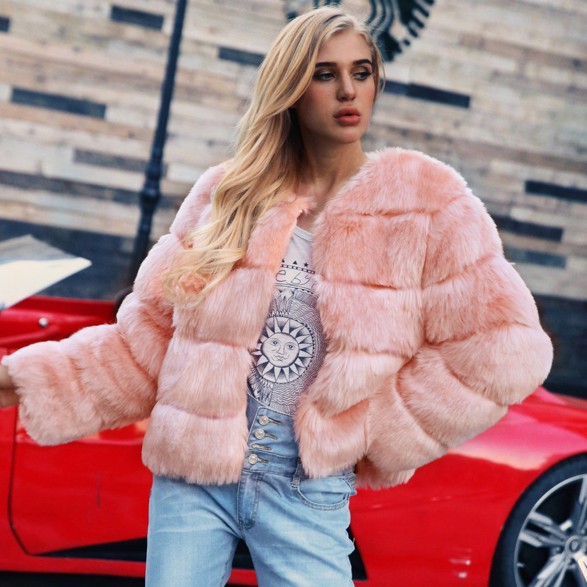 Maeve & Co Women's Faux Fur Coat - Crew Neck Fluffy Fur Jacket, Long Sleeve