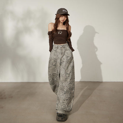 Maeve & Co Women's Leopard Print Jeans - High-Waisted Wide-Leg Floor-Length Denim