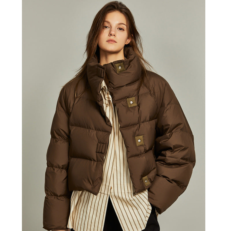 Maeve & Co Women's Puffer Jacket - Stand Collar Short Padded Coat, Loose Fit, Brown