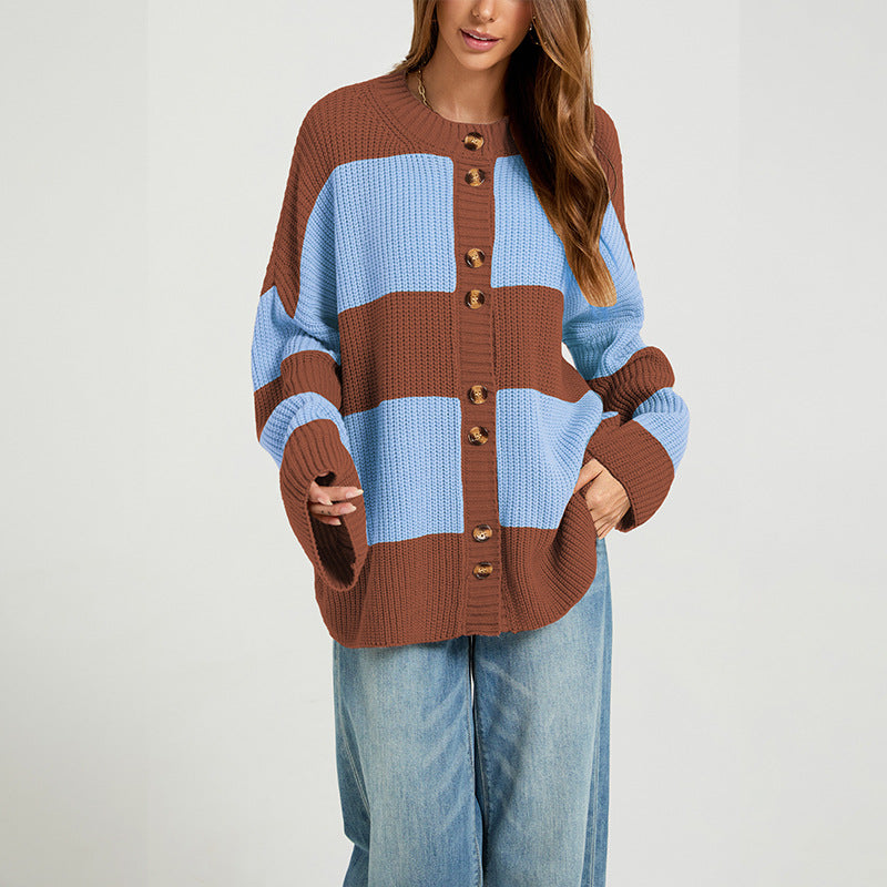 Maeve & Co Women's Striped Cardigan - Crew Neck Patchwork Knitted Cardigan, Colour Block