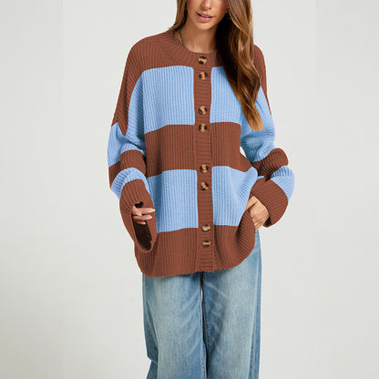 Maeve & Co Women's Striped Cardigan - Crew Neck Patchwork Knitted Cardigan, Colour Block