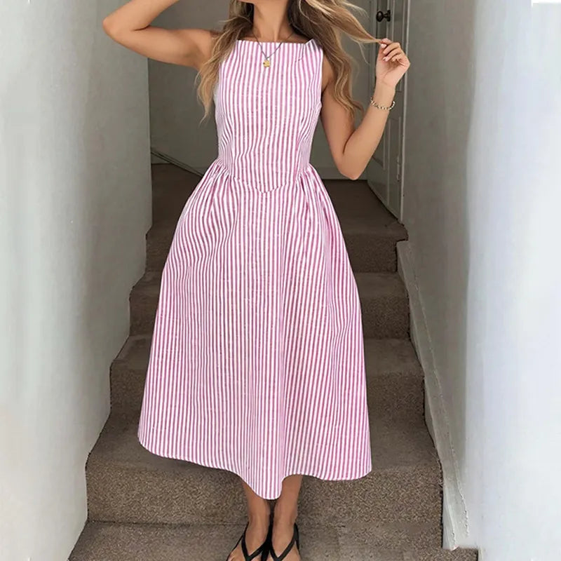 Women's Midi Dress Striped, Sleeveless, Square Neck, A-Line, Pocket