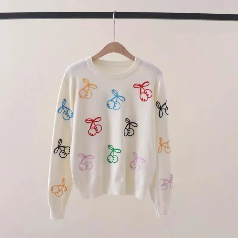 Maeve & Co Women's Cherry Jumper - Embroidered Crew Neck Loose Knit Pullover